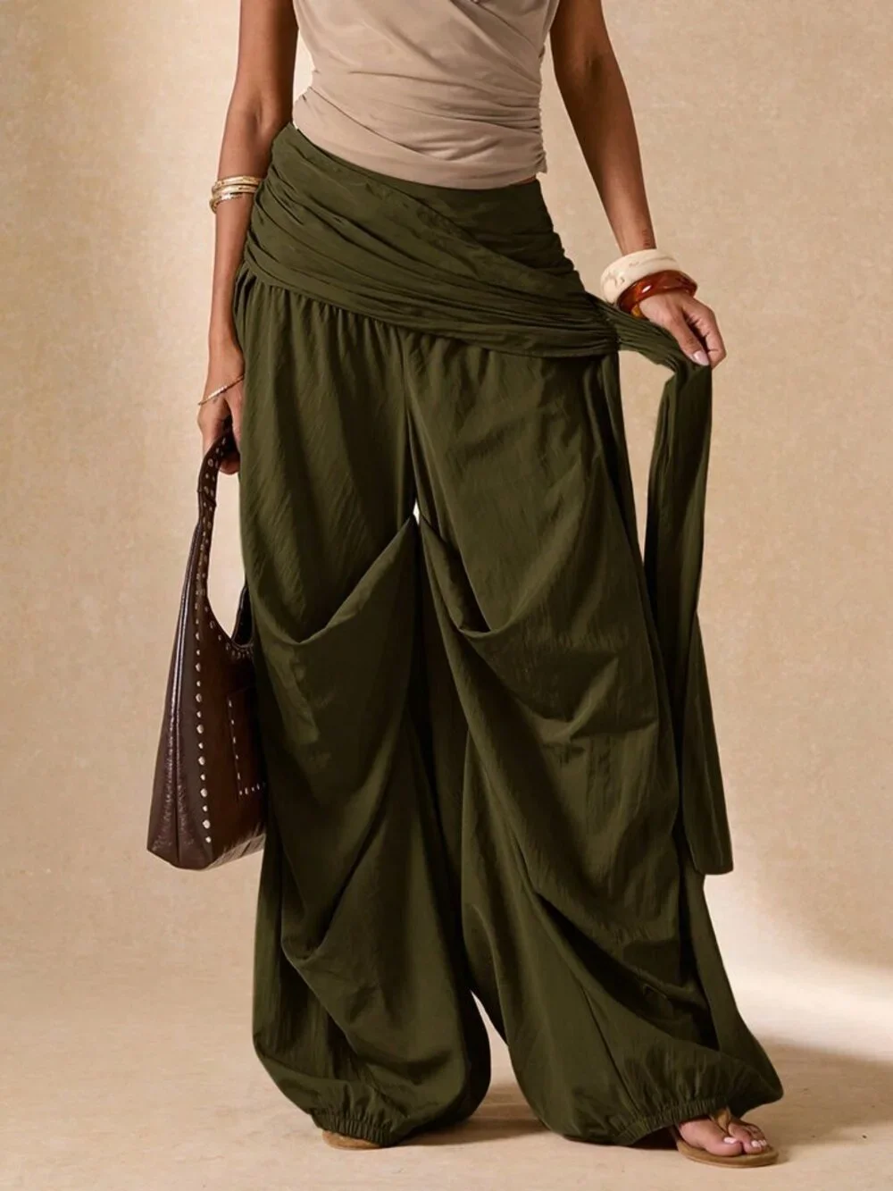 Army Green Boho Women's Pleated Wide-Leg Pants